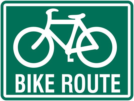 Bike route road sign sticker, green with white bike icon and “BIKE ROUTE” text
