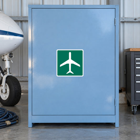 Airplane road sign sticker, blue background with green square and white plane icon