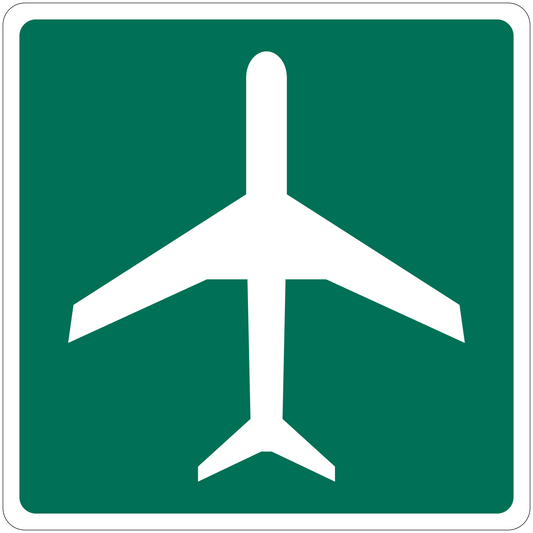 Road sign sticker with white airplane icon on green square