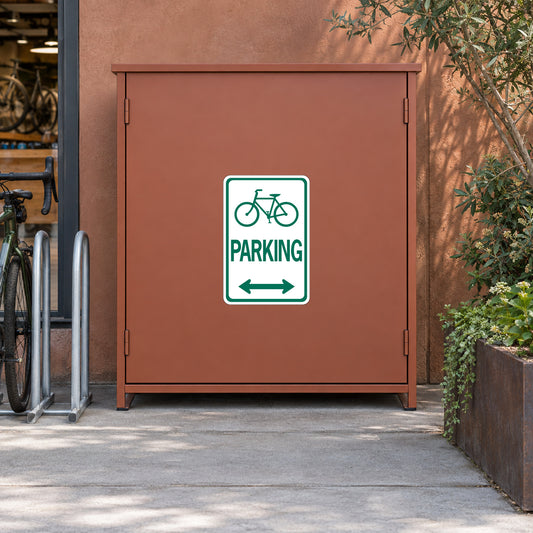 Bike parking road sign sticker with bicycle icon, PARKING text, and left-right arrows