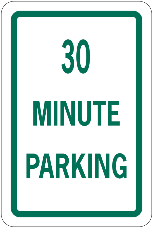 Road sign sticker with green border, reads '30 MINUTE PARKING'.