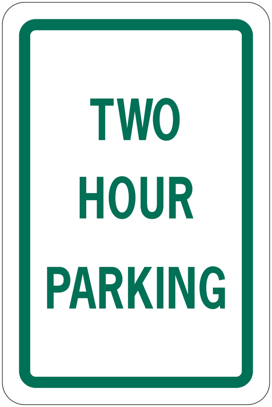 Two Hour Parking road sign sticker with green text