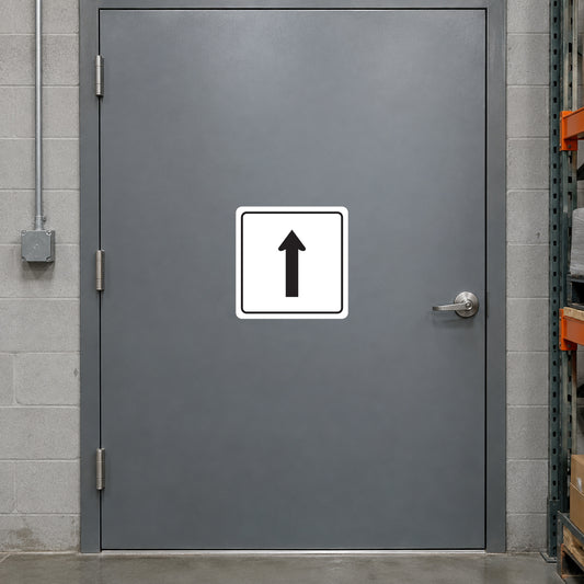 Square road sign sticker with white border and upward arrow icon