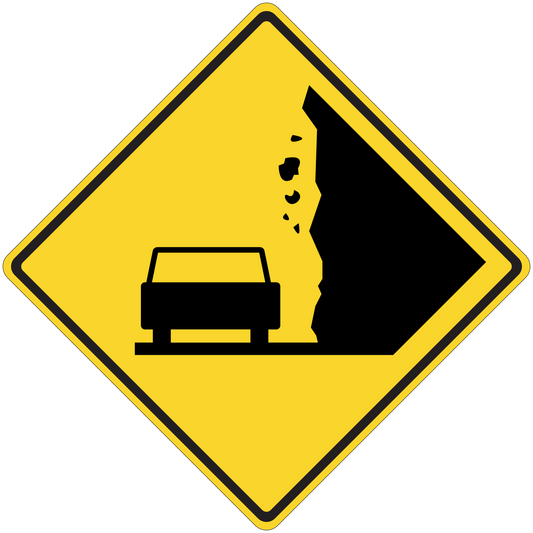 Road sign sticker: yellow diamond warning sign with black border and damaged car