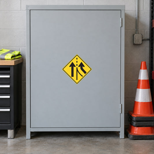 Yellow road sign sticker with two upward arrows and merging lanes graphic
