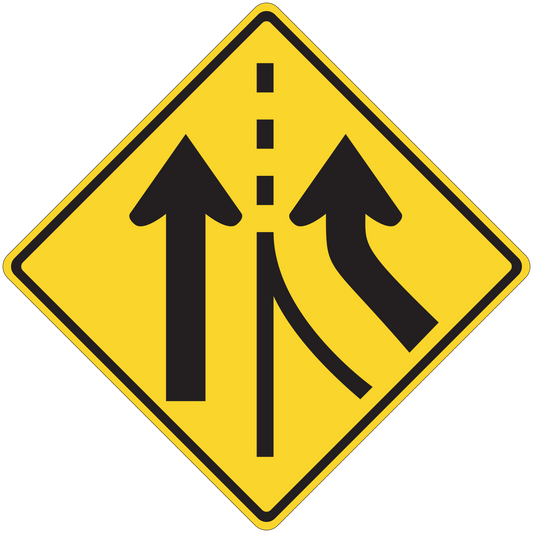 Road sign sticker: yellow diamond warning with arrows up and curve to the right