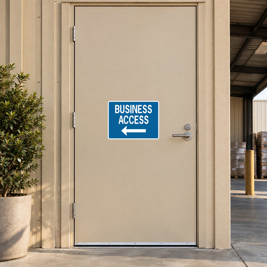 Road sign sticker: blue 'BUSINESS ACCESS' with left arrow