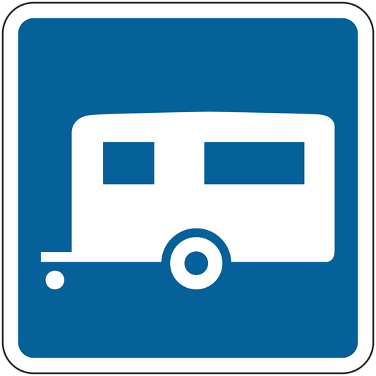 Blue road sign sticker with white container-truck icon