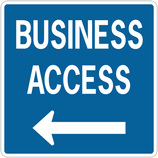 Road sign sticker with 'BUSINESS ACCESS' and left arrow on blue background