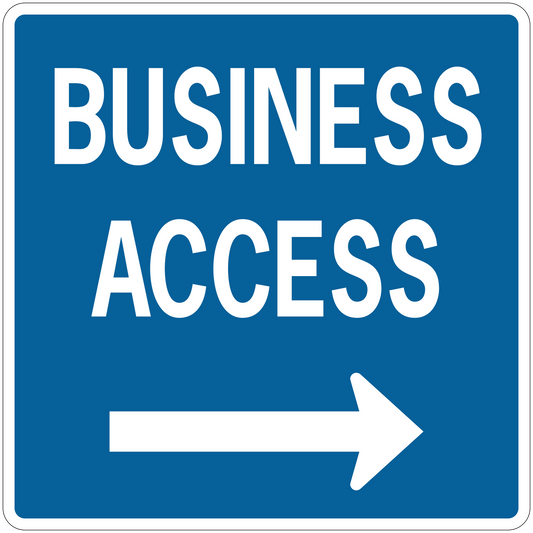 Blue business access road sign sticker with white text and right-pointing arrow