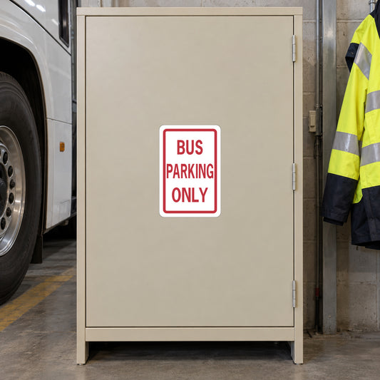 Road sign sticker reading "BUS PARKING ONLY" with red text on a white background