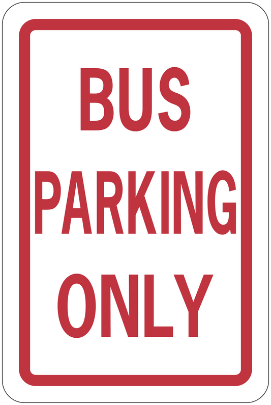 Bus parking only road sign sticker with red border and red lettering