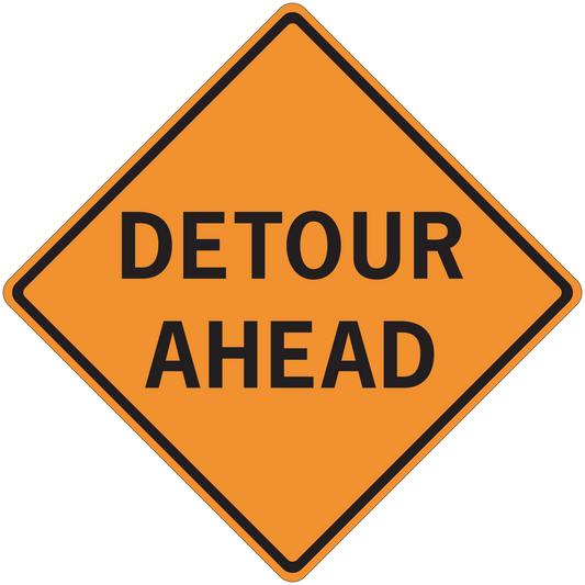 Road sign sticker, orange diamond with black border and text "DETOUR AHEAD"