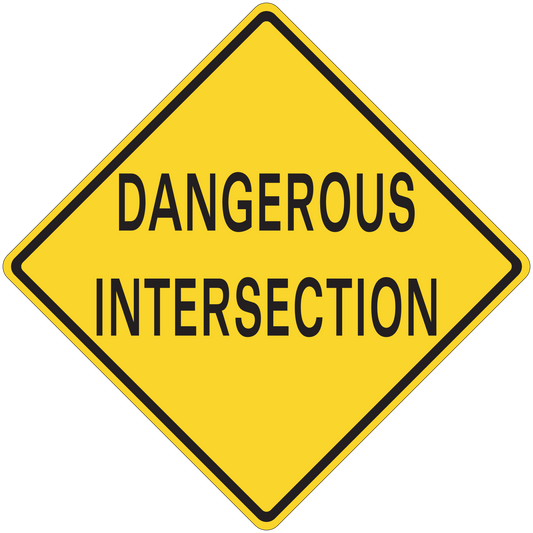 Yellow road sign sticker, black diamond border, 'DANGEROUS INTERSECTION' text