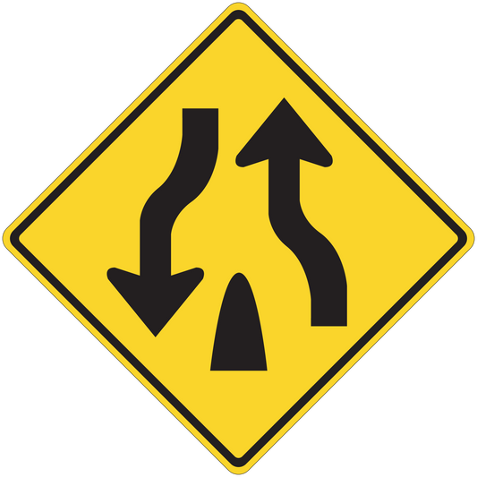 Yellow road sign sticker with black arrows pointing up and down in a diamond