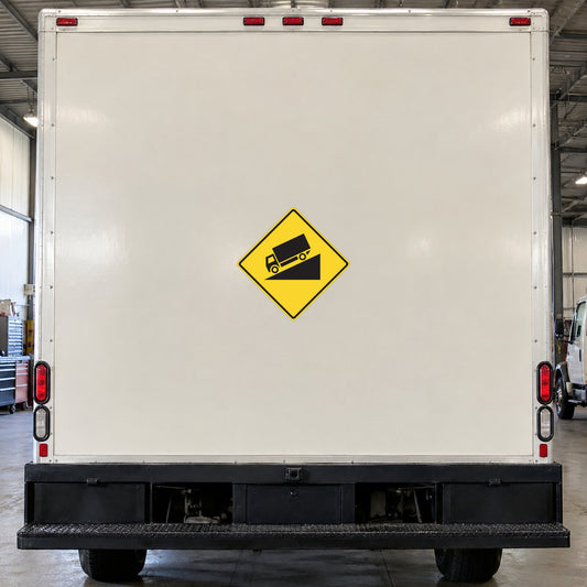 Yellow diamond road sign sticker with black truck towing icon