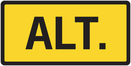 Road sign style sticker with yellow background, black border, and 'ALT.' text.