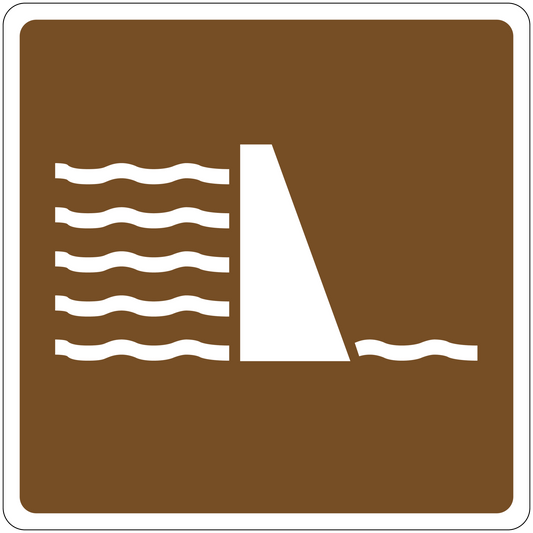 Rectangular road sign sticker with white flag and wavy lines on dark brown