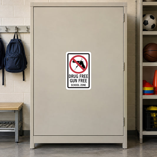 School zone safety sticker with crossed-out gun and drug-free text