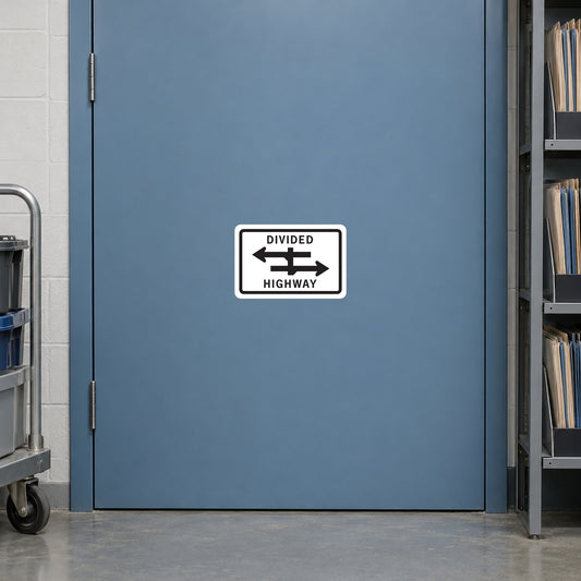 Road Sign Sticker applied in A muted blue fleet planning office flat metal storage door with route folder shelf at far right and trolley far left, blank central door