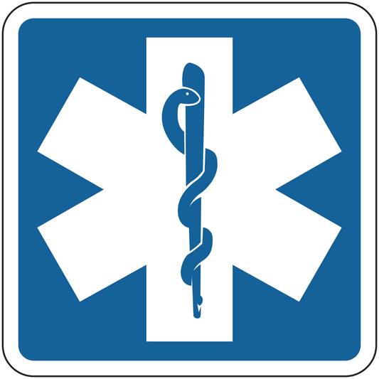 Road sign sticker: blue square with white Star of Life medical emblem