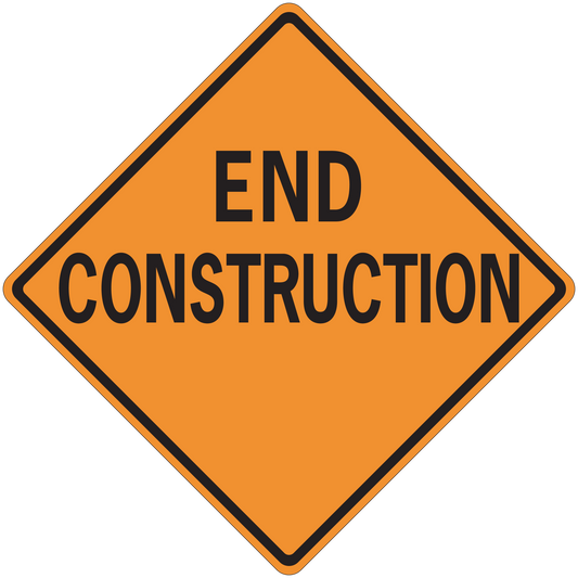 Road sign sticker: orange diamond with END CONSTRUCTION text, black border