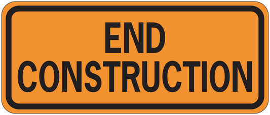 Road sign sticker: orange END CONSTRUCTION sign with black border