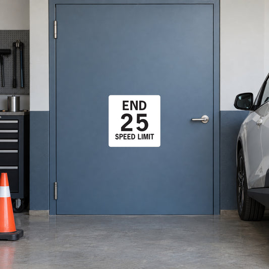 Road Sign Sticker applied in A slate blue driving school garage smooth cupboard with training cone low left and compact car far right, single blank door