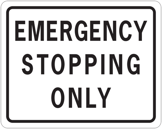 Emergency stopping only road sign sticker, white with black text