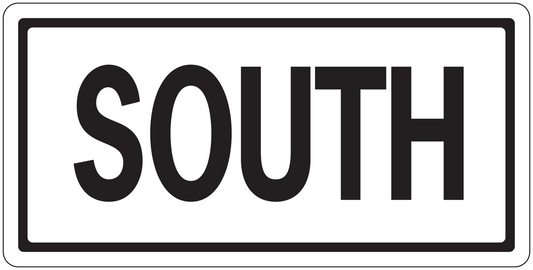 Road sign sticker with bold 'SOUTH' text on a white background