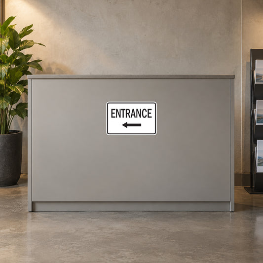 Road Sign Sticker applied in A warm grey industrial reception service cupboard with plant far left and brochure holder extreme right, blank single smooth front