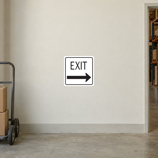 White EXIT sign sticker with right arrow and black lettering