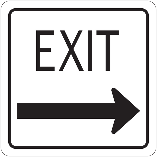 Exit road sign sticker with black text and right-pointing arrow