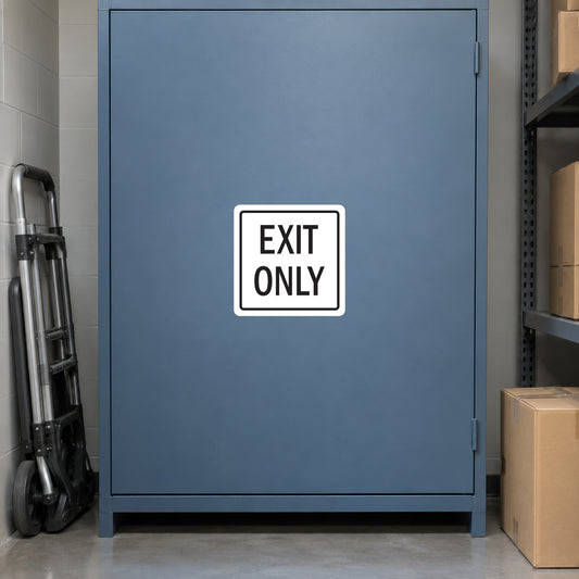 Road sign sticker with EXIT ONLY text in white bordered box