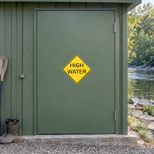 Yellow road sign sticker with "HIGH WATER" text on a diamond warning shape