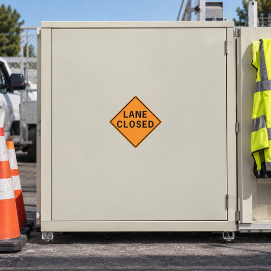 Road sign sticker: orange diamond 'LANE CLOSED' warning text