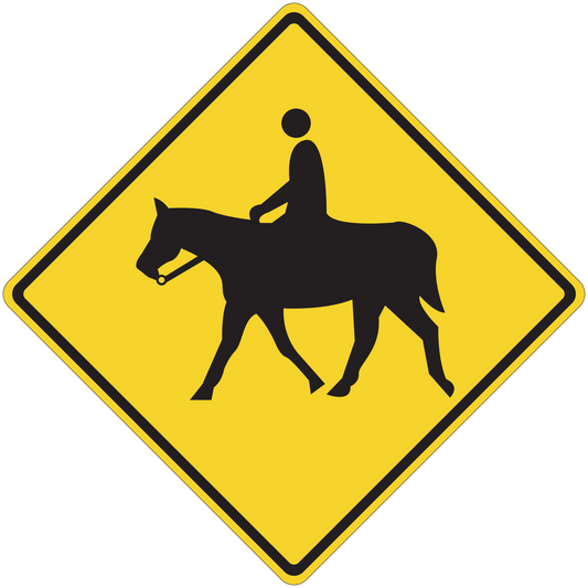 Yellow road sign sticker with black rider-on-horse silhouette in diamond frame