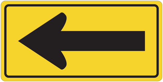 Yellow road sign sticker with black left-pointing arrow on rectangular frame