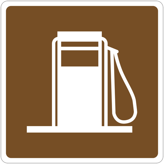 Gas pump road sign sticker with white pump and hose icon