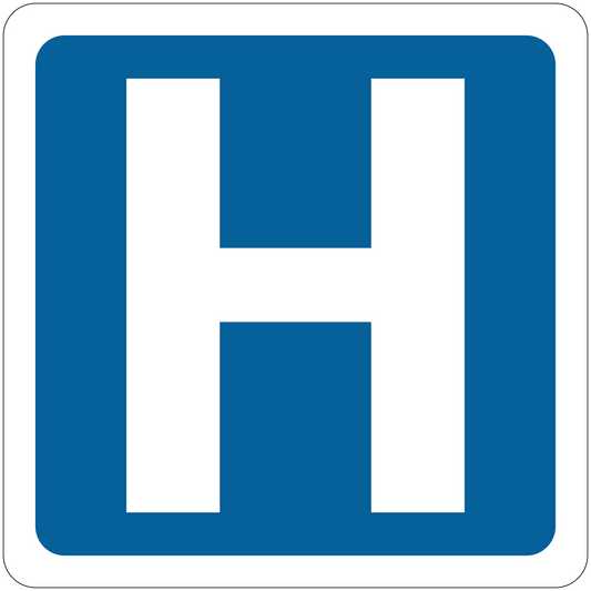 Blue road sign sticker with large white letter H