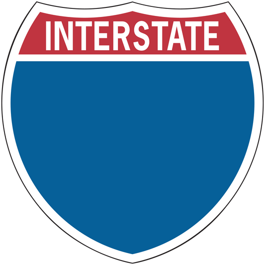 Interstate road sign sticker: red top and blue shield with white INTERSTATE text.