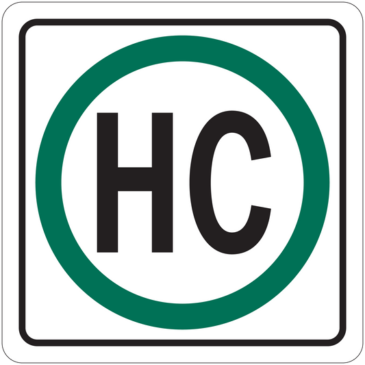 Square road sign sticker with green ring and bold 'HC' letters