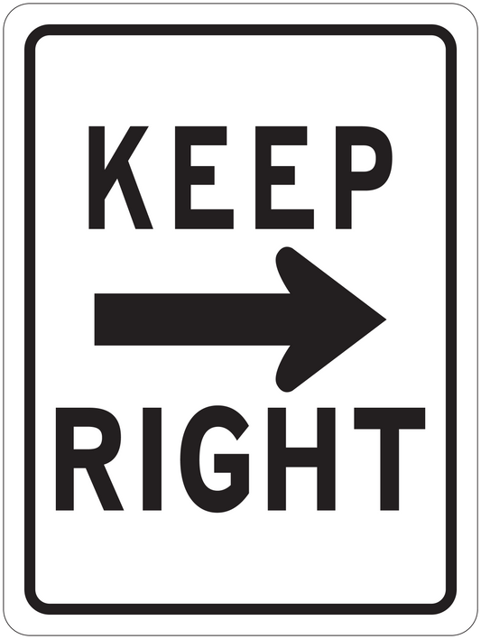 Road sign sticker with KEEP RIGHT text and right-pointing arrow, black on white