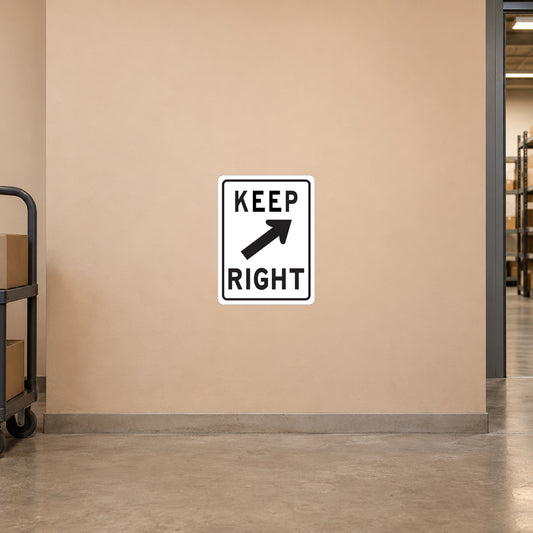 Road sign sticker, white square with black “KEEP RIGHT” and arrow