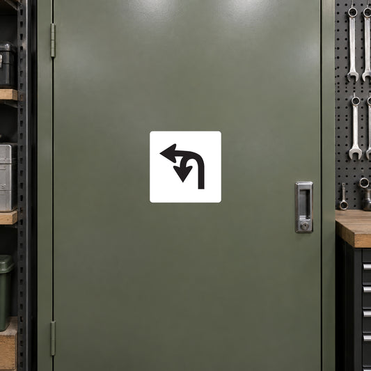 Square road sign sticker with black left and down-turn arrows