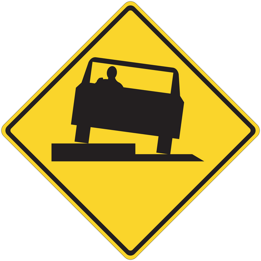 Road sign sticker: yellow diamond warning with black worker road machine icon