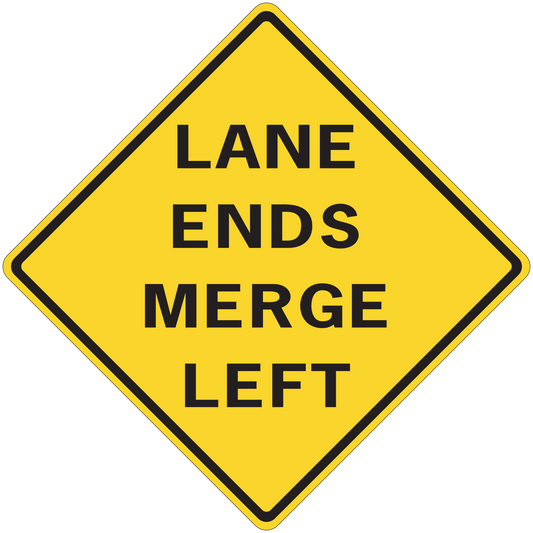 Road sign sticker with yellow diamond and black text: Lane Ends Merge Left