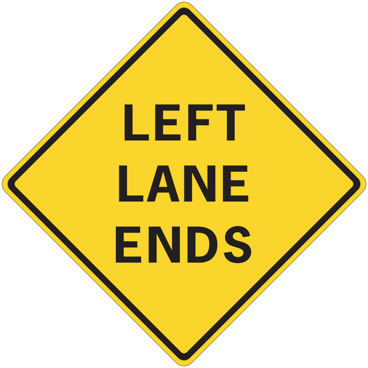Yellow road lane sign sticker reading "LEFT LANE ENDS" with black border