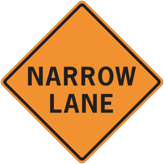 Road sign sticker: orange diamond with black border, 'NARROW LANE' text