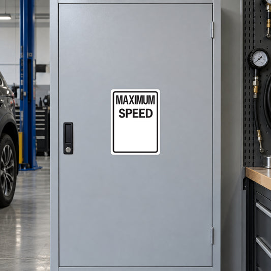 Road sign sticker with 'MAXIMUM SPEED' text in black on a white background